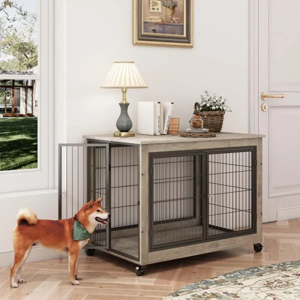 Wooden Dog Crate Furniture, 38.5" Dog Kennel with 3 Doors, Flip-up Top Opening and Wheels, Decorative Pet Crate Dog House