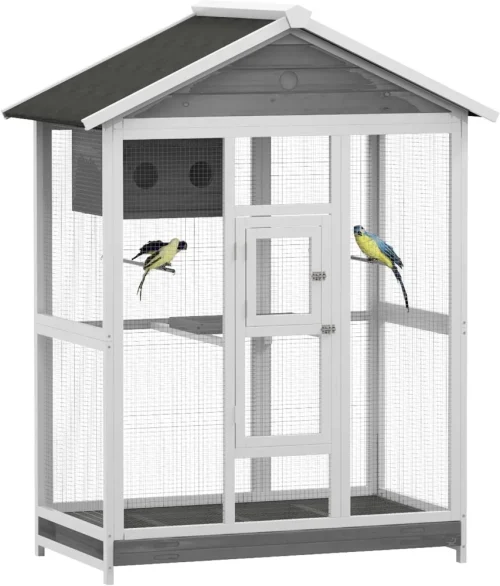 64.5" Wooden Bird Cage Aviary, Flight Cage with 4 Perches, Nest and Slide-Out Tray for Indoor/Outdoor, Gray