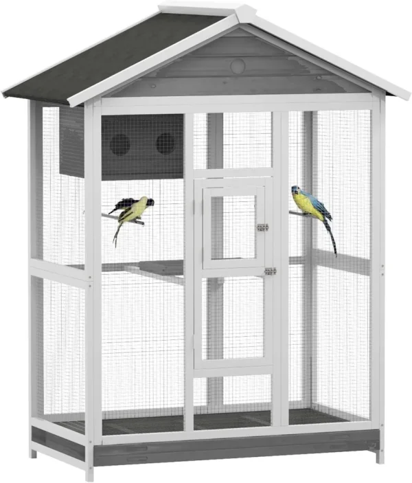 64.5" Wooden Bird Cage Aviary, Flight Cage with 4 Perches, Nest and Slide-Out Tray for Indoor/Outdoor, Gray