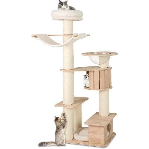 PETSITE 69 Inch Tall Wood Cat Tree, Multi-Level Modern Cat Tower with 5.7 inch Scratching Posts, Double Cat Condos, Space Capsul