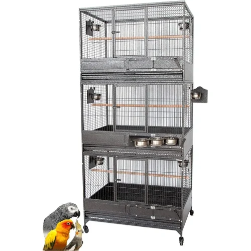 Extra Large Stackers Heavy Duty Wrought Iron Breeder Parrot Aviary Bird Breeding Rolling Cage with Side Nest Doors (Black Vein,