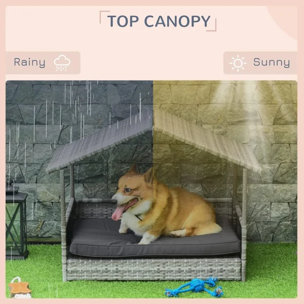 Wicker Dog House Outdoor with Canopy, Rattan Dog Bed with Water-Resistant Cushion, Raised Dog Bed for Small, Medium Dogs
