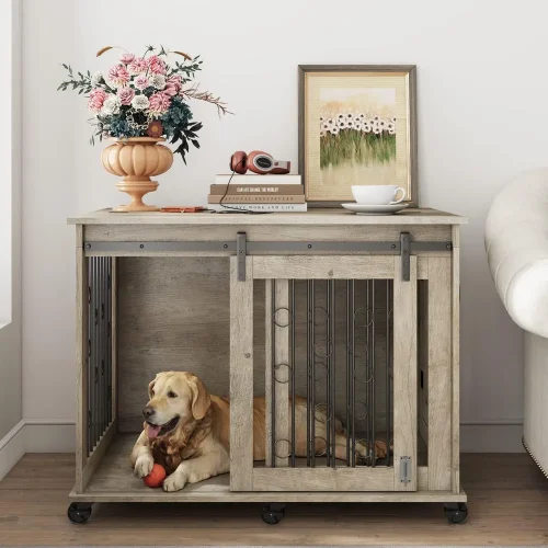 Large Dog Crate Furniture with Sliding Barn Door, 43.7" Wooden Dog Kennel End Table with Wheels and Flip-top Plate Dog House wi