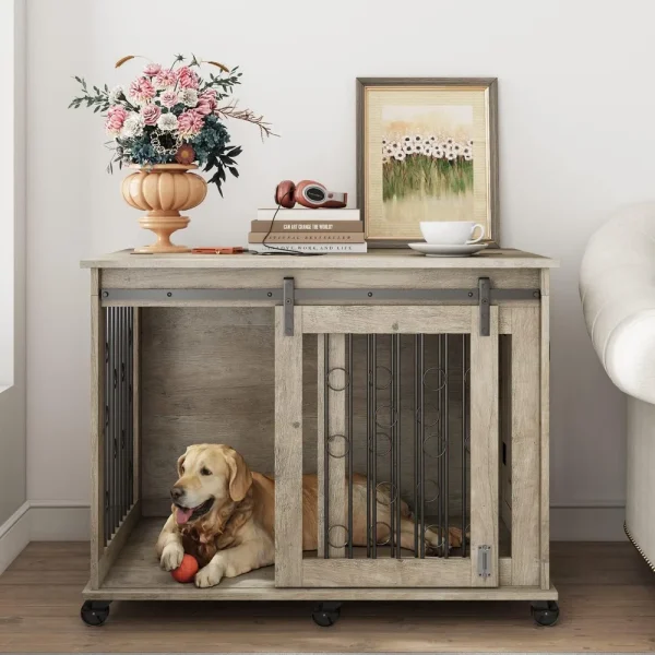 Large Dog Crate Furniture with Sliding Barn Door, 43.7" Wooden Dog Kennel End Table with Wheels and Flip-top Plate Dog House wi