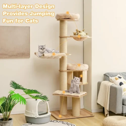75 Inches Tall Cat Tree for Indoor Cats, Large Cat Tree Tower with Scratching Posts,Cat Condo,Hammock and Basket,20 lbs