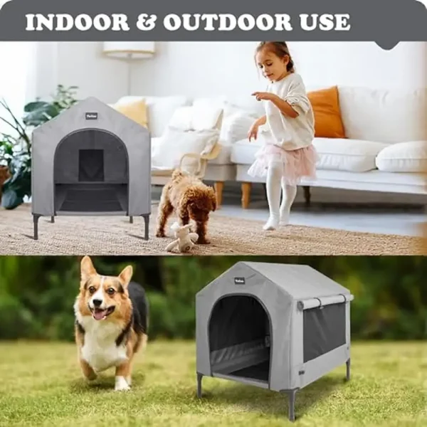 Elevated 2-in-1 Dog Bed Shelter with Removable Cover Raised Cot Small Dogs & Cats Indoor Outdoor Pet House Grey Canopy Roof