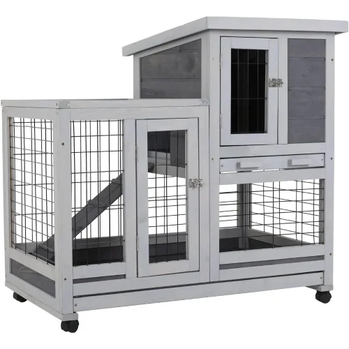 Rabbit Hutch Indoor and Outdoor Rabbit Cage 37 Inch Wide Wooden Hutch House Guinea Pig Cage with Wheels Rolling Larg