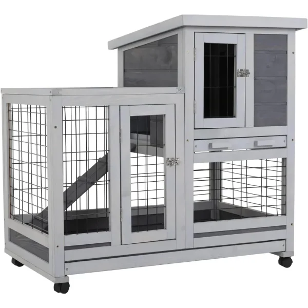 Rabbit Hutch Indoor and Outdoor Rabbit Cage 37 Inch Wide Wooden Hutch House Guinea Pig Cage with Wheels Rolling Larg