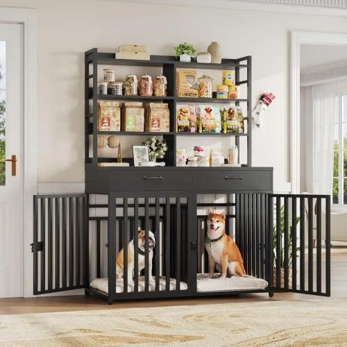 71''H x 47.2''W Large Dog Crate Furniture with 4-Tier Shelves and 2 Storage Drawers, Heavy Duty Dog Cage Furniture with 2 Doors