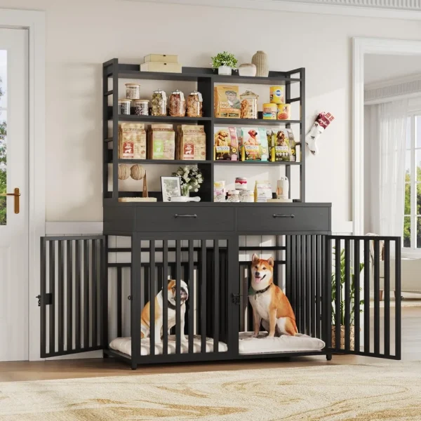 71''H x 47.2''W Large Dog Crate Furniture with 4-Tier Shelves and 2 Storage Drawers, Heavy Duty Dog Cage Furniture with 2 Doors