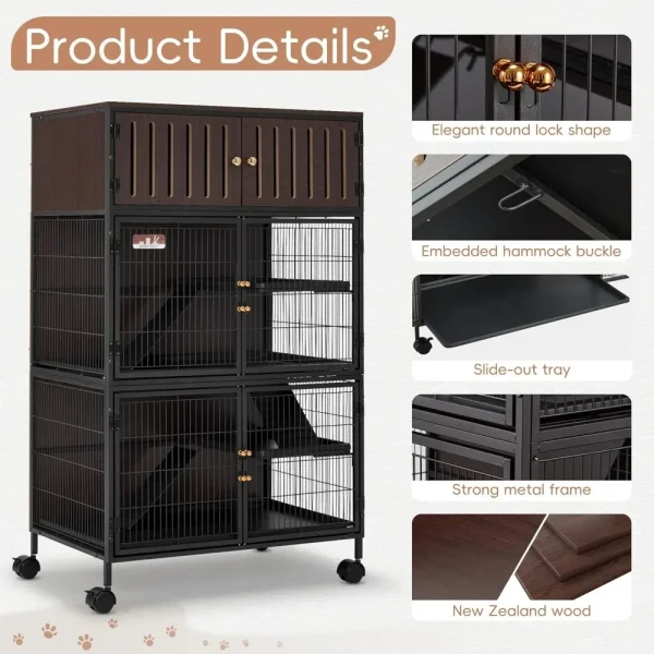50''H Metal Large Ferret Cage, Rolling Chinchilla Cage with Removable Ramps& Double Door, Critter Nation with Locker