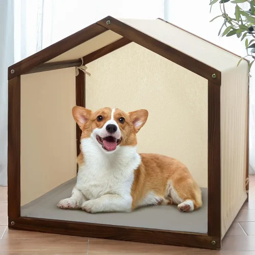 Wooden Dog House, Cabin Dog for Indoor and Outdoor Use, Wood Pet House Frame Beige Cover, Kennels