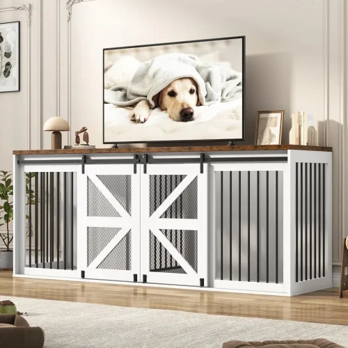 87In Farmhouse Dog Crate TV Stand, Furniture for 2 Dogs, Solid Metal Tube & 2 Lockable Doors, Houses, Kennels