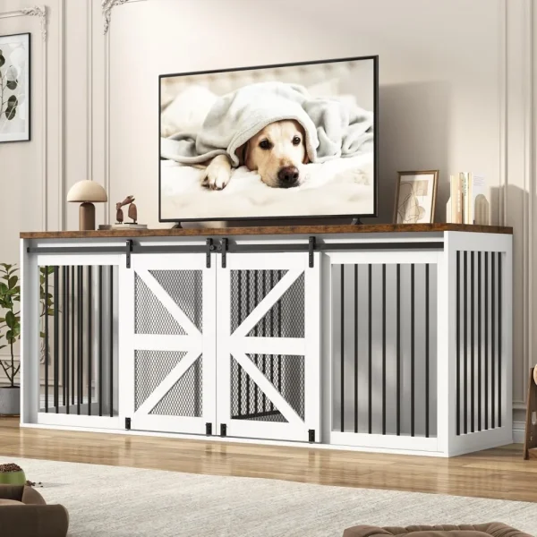 87In Farmhouse Dog Crate TV Stand, Furniture for 2 Dogs, Solid Metal Tube & 2 Lockable Doors, Houses, Kennels