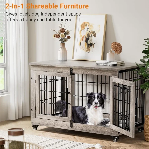 Dog Kennel Indoor Double Doors Wooden Dog Cage, 38'' Heavy Duty Dog Crate End Table Pet House Chew-Resistant Up to 70 lb, Grey
