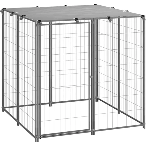 Dog Kennel Steel Outdoor Cage, Pet Enclosure with Roof, House for Dogs, Kennels, Fence, Silver - 43.3 in