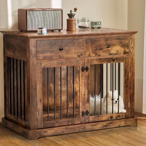 44inch Dog Crate Furniture with Drawers,Wooden Dog Kennel Furniture for Large Breed,End Table Wood Dog House for Indoor use,Dog