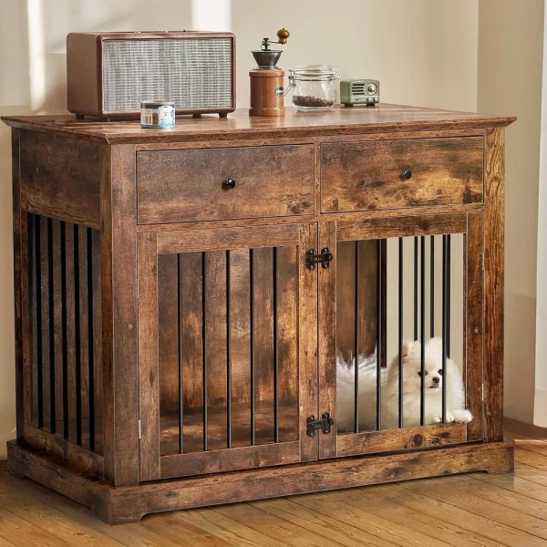 44inch Dog Crate Furniture with Drawers,Wooden Dog Kennel Furniture for Large Breed,End Table Wood Dog House for Indoor use,Dog