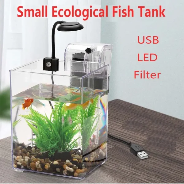 Betta Fish Tank Desktop Mini Aquariu Set with Light and Filter Portable Aquarium Fish Keeper Fishbowl for Office Room Landscape
