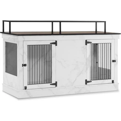 Large Dog Crate Furniture TV Stand, Wooden Pet Kennel with Double Doors, Indoor Furniture Style Dog House End Table