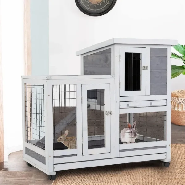Rabbit Hutch Indoor and Outdoor Rabbit Cage 37 Inch Wide Wooden Hutch House Guinea Pig Cage with Wheels Rolling Larg