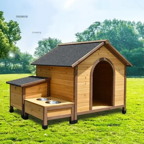 Rain-proof Sunscreen Solid Wood Dog Kennels Cage Tent Nest Outdoor Courtyard Garden Dogs Houses Villa with Food Bowl Water Basin
