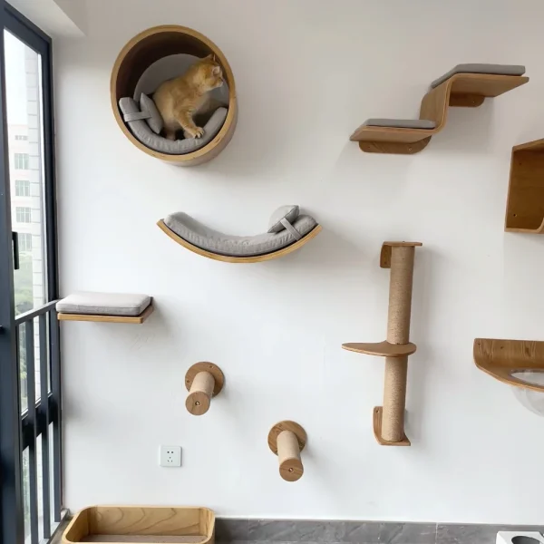 Cat Wall Mounted Furniture Cat Climbing Shelves Scratching Post Ladder Cat Perch Wooden Cat Tree House for Kitten Sleep Play
