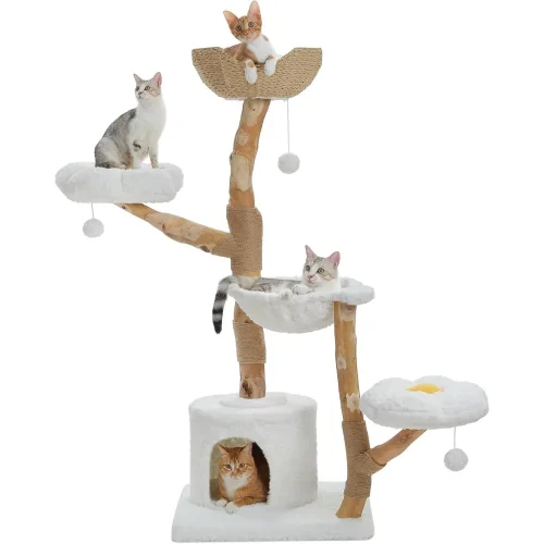 Cat Tree for Indoor Cats Large Adults, 59 Inches Modern Cat Tower with Large Basket and Hammock, Natural Solid Wood