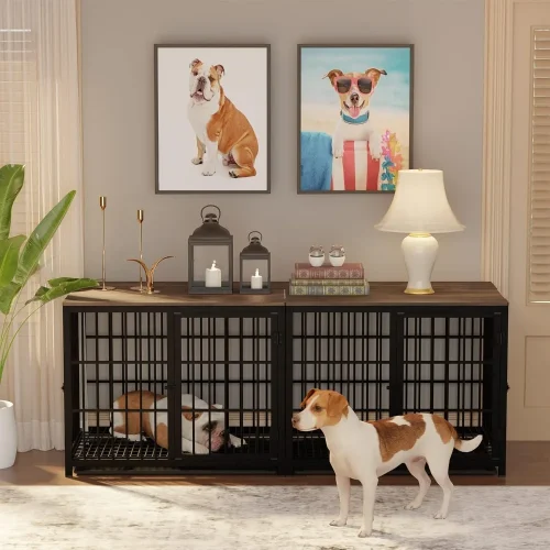 Heavy Duty Dog Crate Furniture: Pet Side Table Kennels House with Three Doors and Removable Tray - Inside Puppy Wooden