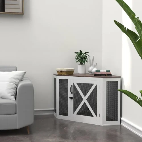 Corner Dog Crate Furniture, Wooden Dog Kennel End Table with Mesh, Cage/House for Small Medium Large , Decorative Pet Crate