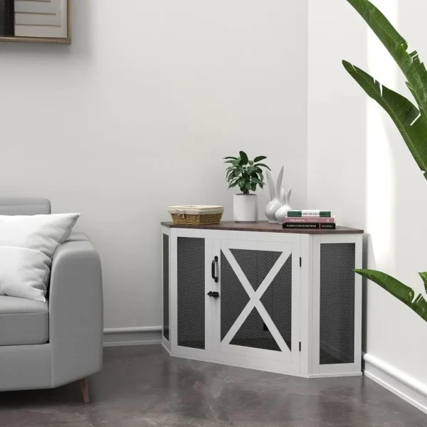 Corner Dog Crate Furniture, Wooden Dog Kennel End Table with Mesh, Cage/House for Small Medium Large , Decorative Pet Crate