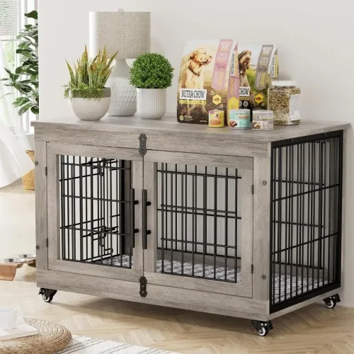 Lulive Dog Crate Furniture,Dog Kennel Indoor Double Doors Wooden Dog Cage,38'' Heavy Duty Dog Crate with Cushion&Wheel,Pet House