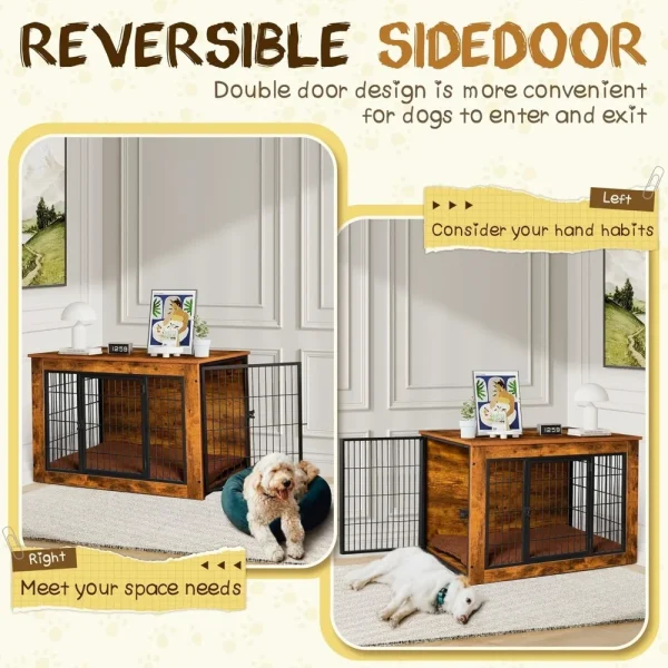 Dogs Crate Furniture with Thick Cushion, Side End Table Wooden Dogs Cage with Double Doors, Chew-Resistant Dogs Kennel Dog House