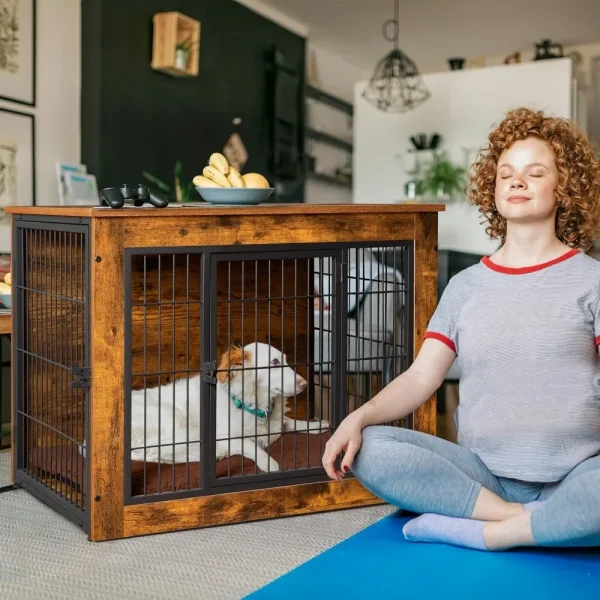 Dogs Crate Furniture with Thick Cushion, Side End Table Wooden Dogs Cage with Double Doors, Chew-Resistant Dogs Kennel Dog House
