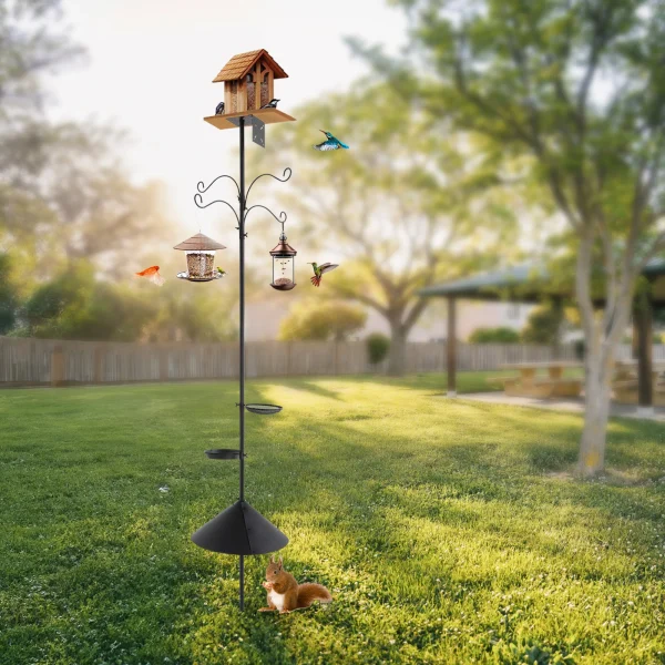 76in Bird Feeders Station Birdhouse Pole with Hooks Food Trays, Adjustable Bird Feeder Pole with Squirrel Proof Baffle