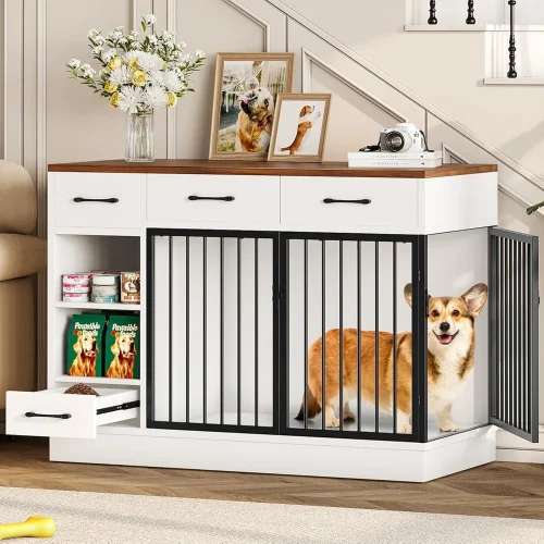 Dream Large Dog Crate Furniture, 47.2'' Dog Kennel Indoor With 3 Storage Drawers And Hidden Feeding Bowl, Sturdy Wooden Dog Cra
