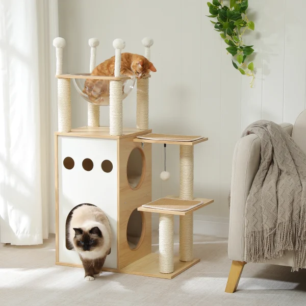Modern Cat Tree, Wooden Cat Tower with Scratching Posts, Large Condo, Capsule Nest, and Dangling Balls, Cat Furniture for Indoor