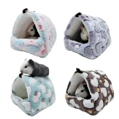 1Pcs Coral Fleece Printing Small Pet House Hanging Hamster Bed with Zip for Small Animals Squirrel Parrot Cotton Nest Winter Toy