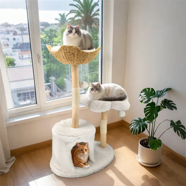 3 Tiers Cat Activity Tree Cat Tower Center with Plush Cushion Cave Scratching Post for Small Kittens