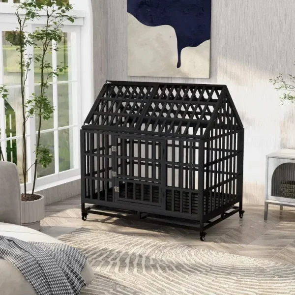 Heavy Duty Dog Cage with Roof Rust-Resistant Steel Locking Casters Feeding Door Ideal for Medium & Large Dogs Dog House Kennel