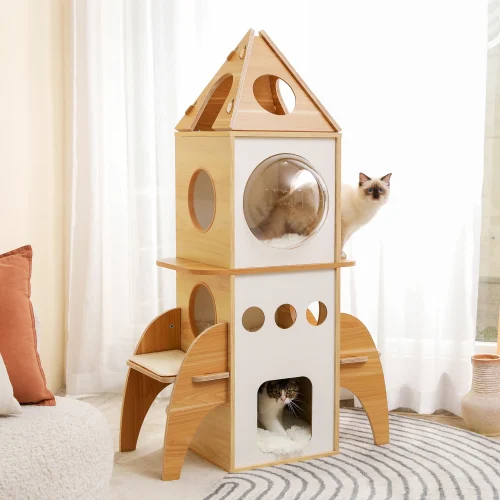 Rocket Cat Tree Tower Multilevel Cat Tree Scratching Sisal Posts, Wooden Cat Tower, Climbing Frame with Cozy Condos, Luxury Nest