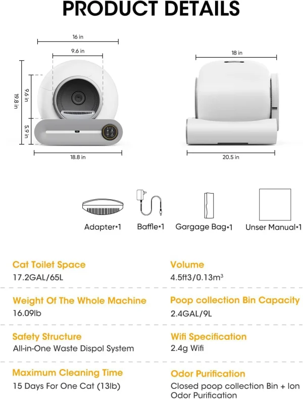 Tonepie 65L Automatic Smart Cat Litter Box Self Cleaning Fully Enclosed Cat Litter Box Pet Toilet Litter Tray English versions