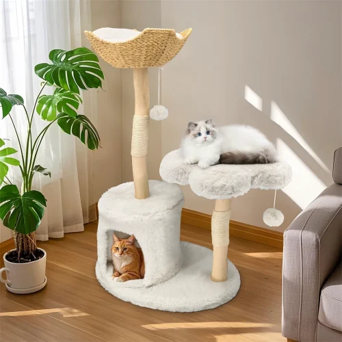 3 Tiers Cat Activity Tree Cat Tower Center with Plush Cushion Cave Scratching Post for Small Kittens