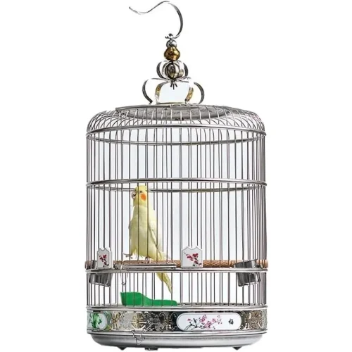Round Stainless Steel Birdcage with Wooden Poles, Large Outdoor Parrot Cage, Elegant Bird House with Dragon Carving and Accessor