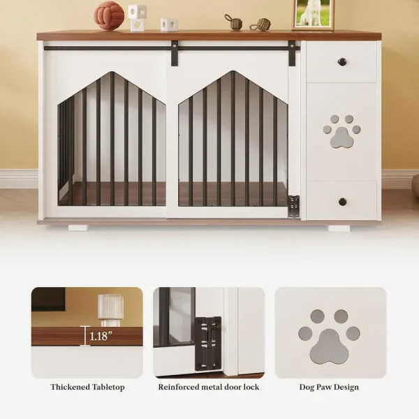 47 Inch Large Dog Crate Furniture with 2 Bowls, Wooden Kennel with Drawer and Barn Doors Decorative Pet House for Home