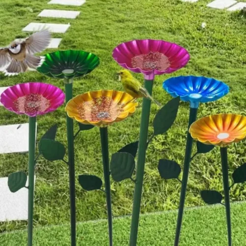 4 Pack Bee Watering Station Bird Cups for Garden Metal Bird Water Feeder with Flower Design Colorful Butterfly Bath Bowl Bee Cup