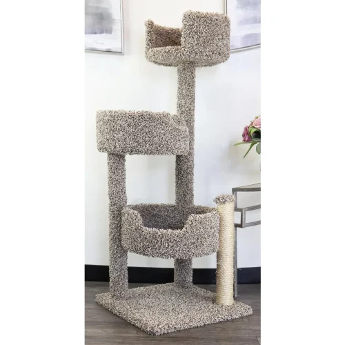 Multi-Level Cat Cat Climbing Tower Cat Tree, Solid Wood and Carpet Construction, Modern Tree with Scratch Post and Sturd