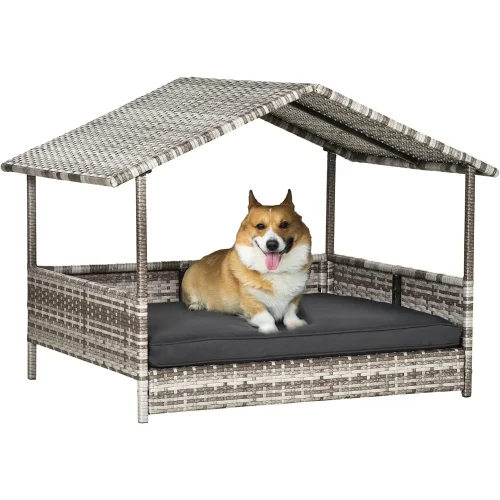 Wicker Dog House Outdoor with Canopy, Rattan Dog Bed with Water-Resistant Cushion, Raised Dog Bed for Small, Medium Dogs
