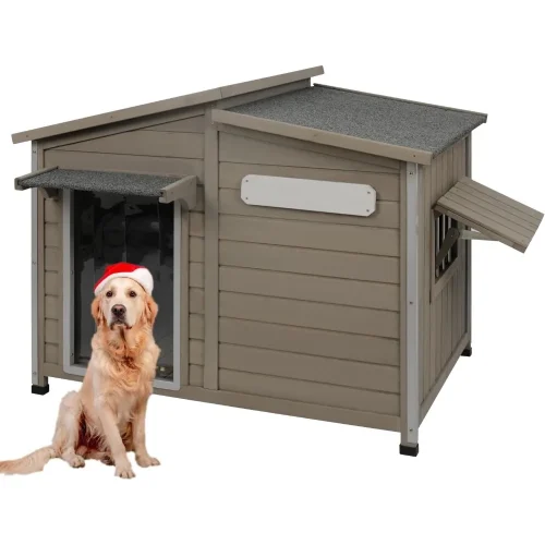Dog House Outdoor Weatherproof Large Wooden Dog Kennel Indoor with Chew-Proof Iron Frame, Removable Floor, and Adjustable