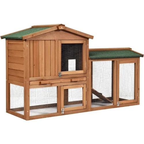 Rabbit Hutch Indoor and Outdoor, 58-Inch Bunny Cage with Removable Tray & Ramp, Wood Chicken Coop with Waterproof Roof for Rabb
